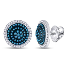 10k White Gold Womens Round Blue Color Enhanced Diamond Concentric Cluster Earrings 1/2 Cttw