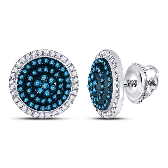 10k White Gold Womens Round Blue Color Enhanced Diamond Concentric Cluster Earrings 1/2 Cttw