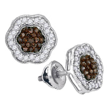  10k White Gold Womens Round Brown Diamond Polygon Cluster Earrings 1/2 Cttw