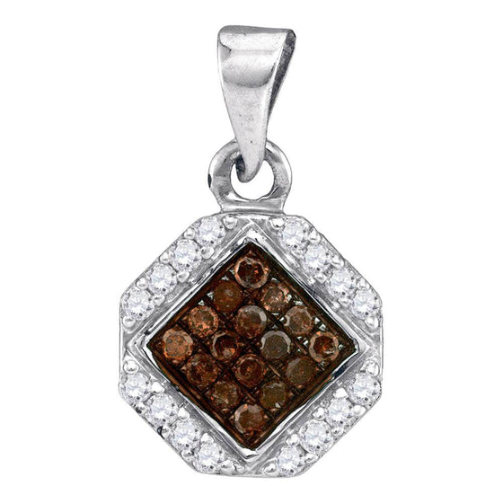10k White Gold Womens Round Brown Diamond Geometric Cluster Pendant 1/4 Cttw