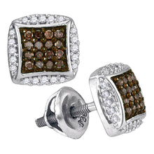  10k White Gold Womens Round Brown Diamond Square Earrings 1/3 Cttw
