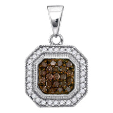  10k White Gold Womens Round Brown Diamond Octagon Cluster Pendant 1/3 Cttw