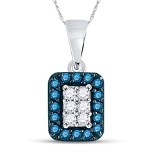  10k White Gold Womens Round Blue Color Enhanced Diamond Rectangle Cluster Pendant 1/5 Cttw
