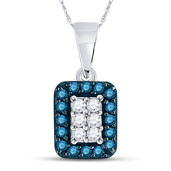 10k White Gold Womens Round Blue Color Enhanced Diamond Rectangle Cluster Pendant 1/5 Cttw