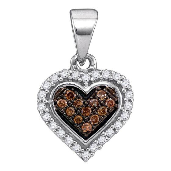 10k White Gold Womens Round Brown Diamond Heart Cluster Pendant 1/8 Cttw
