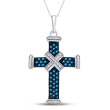  Sterling Silver Womens Round Blue Color Enhanced Diamond Bound Roman Cross Pendant 1/4 Cttw