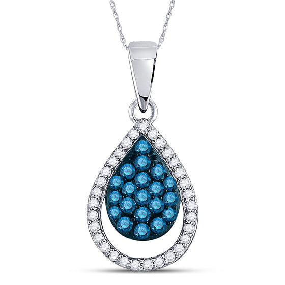 10k White Gold Womens Round Blue Color Enhanced Diamond Teardrop Pendant 1/2 Cttw