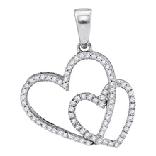  10k White Gold Womens Round Diamond Double Heart Pendant 1/5 Cttw