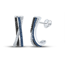  Sterling Silver Womens Round Blue Color Enhanced Diamond Half J Hoop Earrings 1/5 Cttw