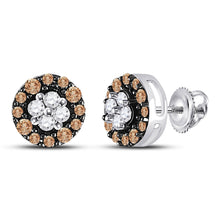  10k White Gold Womens Round Brown Diamond Cluster Stud Earrings 1/3 Cttw