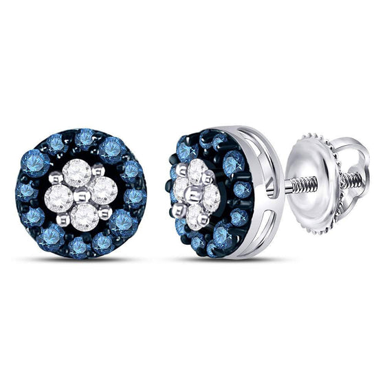 10k White Gold Womens Round Blue Color Enhanced Diamond Cluster Earrings 1/3 Cttw
