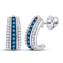  10k White Gold Womens Round Blue Color Enhanced Diamond Half J Hoop Earrings 1/3 Cttw