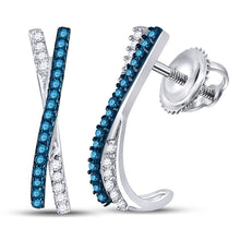  10k White Gold Womens Round Blue Color Enhanced Diamond Half J Hoop Earrings 1/8 Cttw