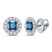  10k White Gold Womens Round Blue Color Enhanced Diamond Stud Earrings 1/3 Cttw