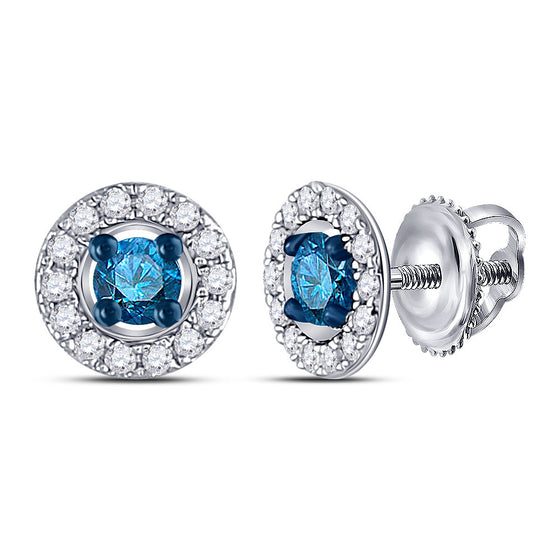 10k White Gold Womens Round Blue Color Enhanced Diamond Stud Earrings 1/3 Cttw