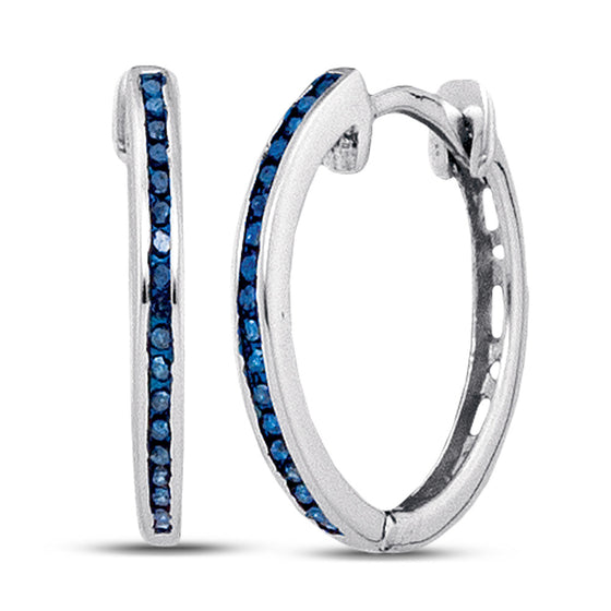 10k White Gold Womens Round Blue Color Enhanced Diamond Hoop Earrings 1/10 Cttw