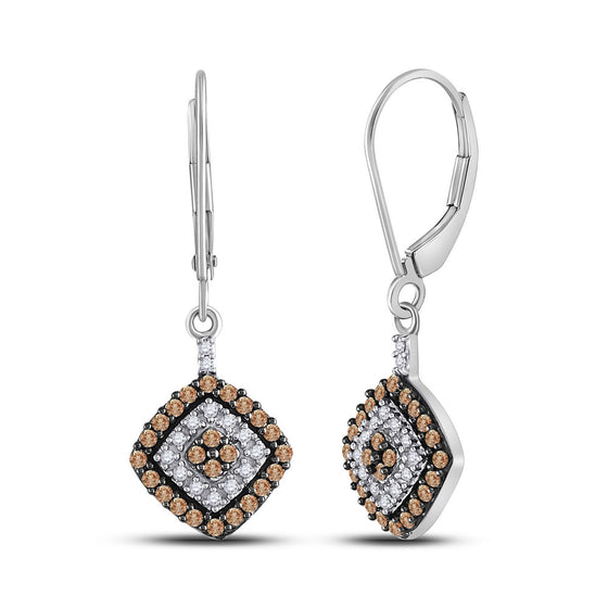 10k White Gold Womens Round Brown Diamond Square Dangle Earrings 1/2 Cttw