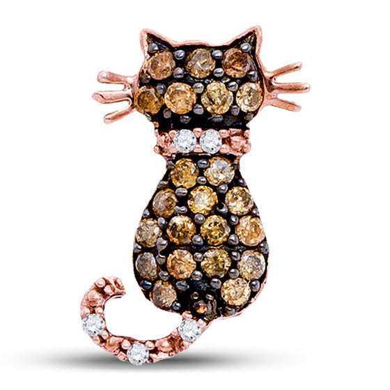 10k Rose Gold Womens Round Brown Diamond Cat Animal Pendant 1/3 Cttw