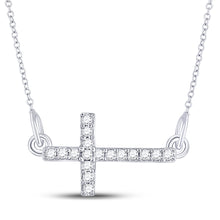  Sterling Silver Womens Round Diamond Horizontal Sideways Cross Necklace 1/10 Cttw