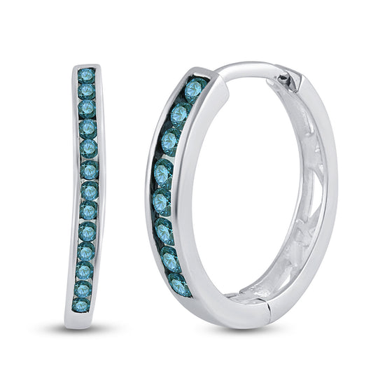 10k White Gold Womens Round Blue Color Enhanced Diamond Hoop Earrings 1/4 Cttw