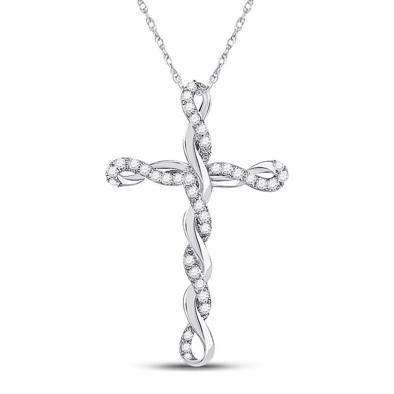 10k White Gold Womens Round Diamond Twist Cross Pendant 1/4 Cttw