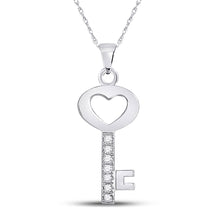  10k White Gold Womens Round Diamond Key Heart Pendant 1/20 Cttw