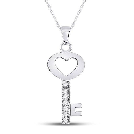 10k White Gold Womens Round Diamond Key Heart Pendant 1/20 Cttw