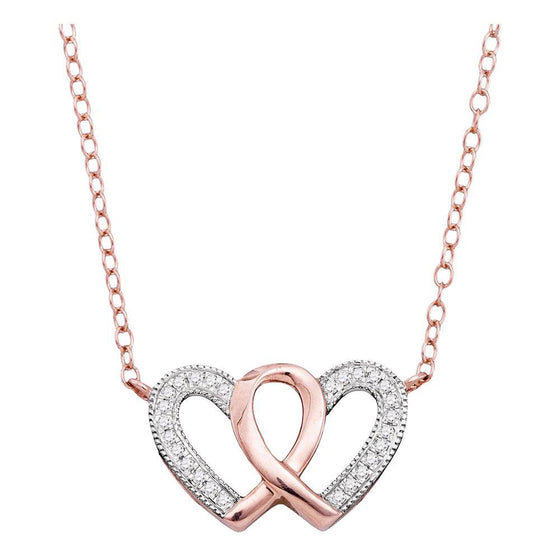 10k Rose Gold Womens Round Diamond Double Heart Awareness Ribbon Pendant Necklace 1/10 Cttw