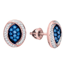  10k Rose Gold Womens Round Blue Color Enhanced Diamond Oval Cluster Earrings 1/3 Cttw
