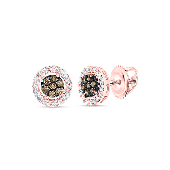 10k Rose Gold Womens Round Brown Diamond Flower Cluster Earrings 1/4 Cttw