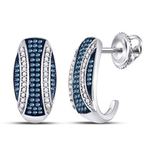  10k White Gold Womens Round Blue Color Enhanced Diamond Half J Hoop Earrings 3/8 Cttw