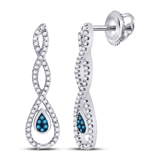 10k White Gold Womens Round Blue Color Enhanced Diamond Dangle Earrings 1/4 Cttw