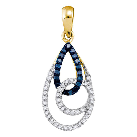 10k Yellow Gold Womens Round Blue Color Enhanced Diamond Teardrop Pendant 1/3 Cttw