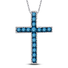  10k White Gold Womens Round Blue Color Enhanced Diamond Small Cross Pendant 1/6 Cttw
