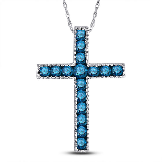 10k White Gold Womens Round Blue Color Enhanced Diamond Small Cross Pendant 1/6 Cttw