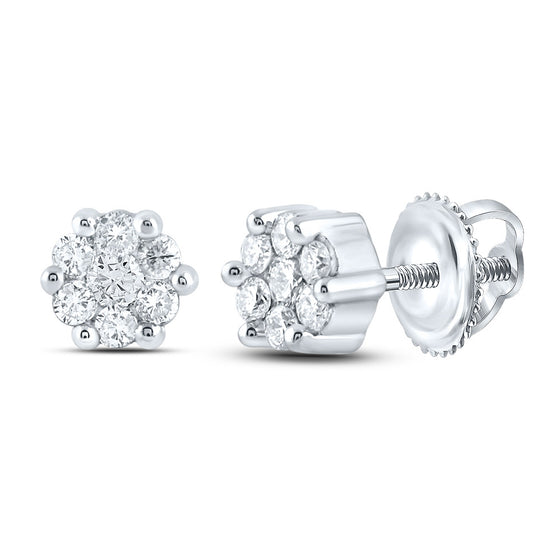14k White Gold Womens Round Diamond Flower Cluster Earrings 1/6 Cttw