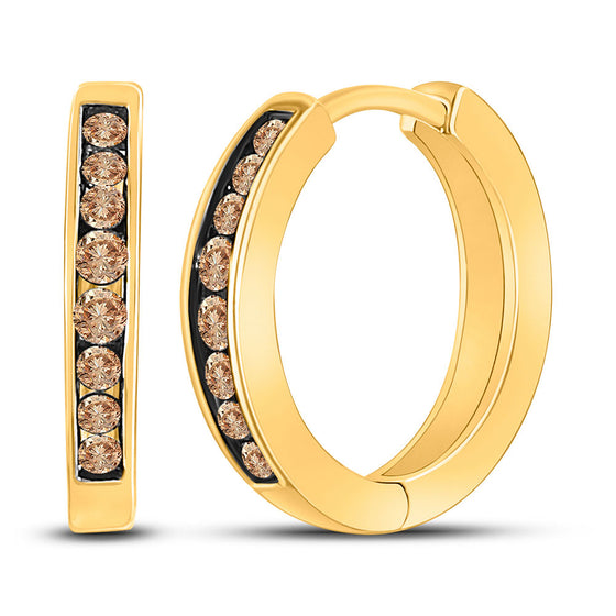 10k Yellow Gold Womens Round Brown Diamond Hoop Earrings 1/4 Cttw