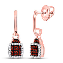  10k Rose Gold Womens Round Red Color Enhanced Diamond Square Dangle Earrings 1/5 Cttw