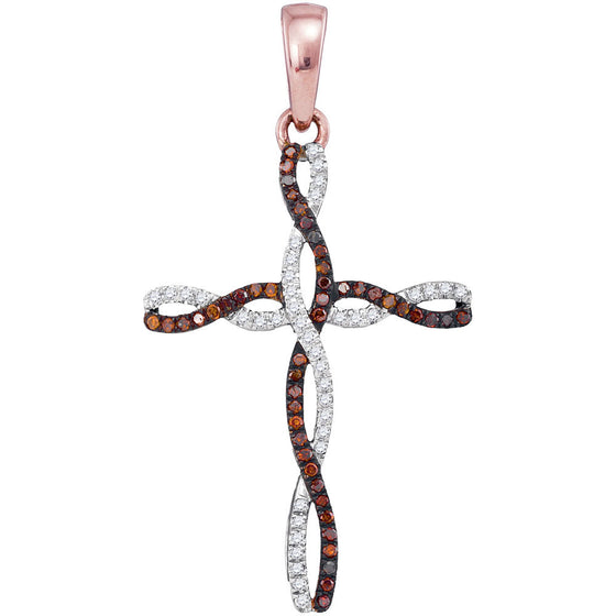 10k Rose Gold Womens Round Red Color Enhanced Diamond Cross Pendant 1/4 Cttw