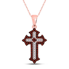  10k Rose Gold Womens Round Red Color Enhanced Diamond Gothic Cross Pendant 1/5 Cttw