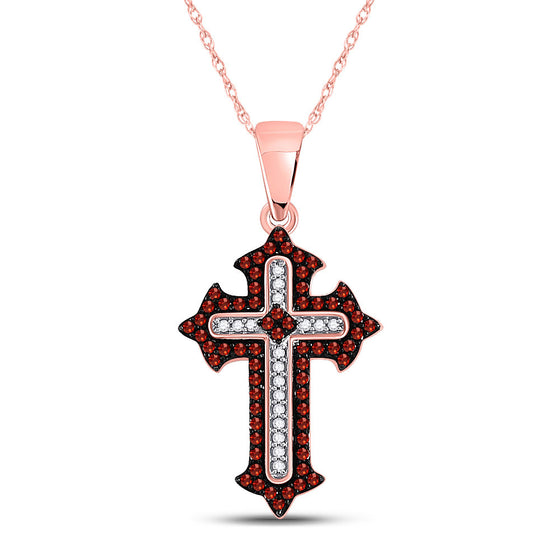 10k Rose Gold Womens Round Red Color Enhanced Diamond Gothic Cross Pendant 1/5 Cttw