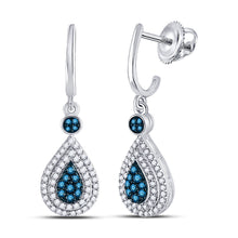  10k White Gold Womens Round Blue Color Enhanced Diamond Teardrop Dangle Earrings 1/2 Cttw
