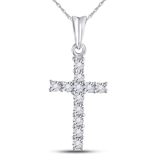10k White Gold Womens Round Diamond Cross Pendant 1/20 Cttw