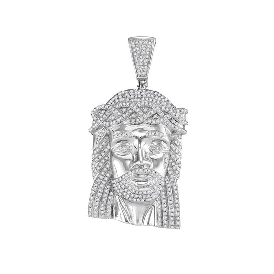 10k White Gold Mens Round Diamond Jesus Face Charm Pendant 1-5/8 Cttw