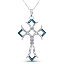  10k White Gold Womens Round Blue Color Enhanced Diamond Flared Cross Pendant 1/4 Cttw
