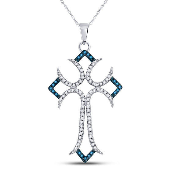 10k White Gold Womens Round Blue Color Enhanced Diamond Flared Cross Pendant 1/4 Cttw