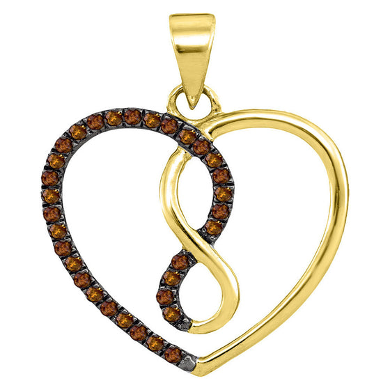 10k Yellow Gold Womens Round Brown Diamond Heart Infinity Pendant 1/8 Cttw