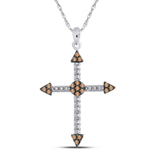  10k White Gold Womens Round Brown Diamond Cross Beaded Pendant 1/6 Cttw