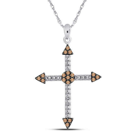 10k White Gold Womens Round Brown Diamond Cross Beaded Pendant 1/6 Cttw