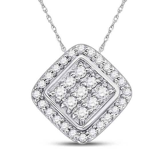 10k White Gold Womens Round Diamond Diagonal Square Frame Cluster Pendant 1/4 Cttw